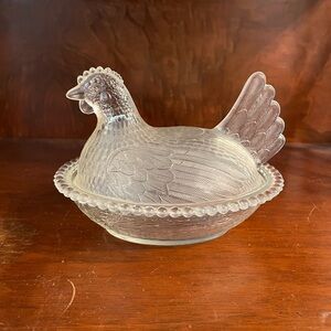 Vintage Indiana Glass Clear Hen on Nest Chicken Candy Dish with Lid Beaded